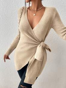 SHEIN Privé Cổ chữ V Bọc Áo len - Màu be - Xem 4