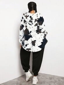 SHEIN CURVE+ 加奶牛圖案落肩連帽泰迪大衣 - 彩色 - 查看 2