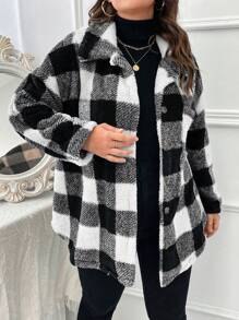 SHEIN LUNE Plus Buffalo Plaid Pattern Drop Shoulder Teddy Coat, For Winter - Black and White - View 1