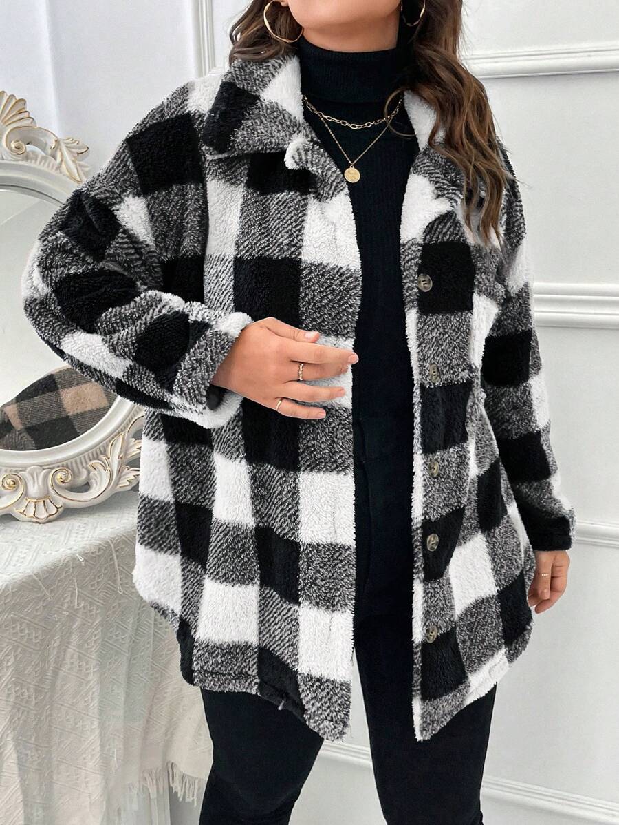 SHEIN LUNE Plus Buffalo Plaid Pattern Drop Shoulder Teddy Coat, For Winter - Black and White - View 1