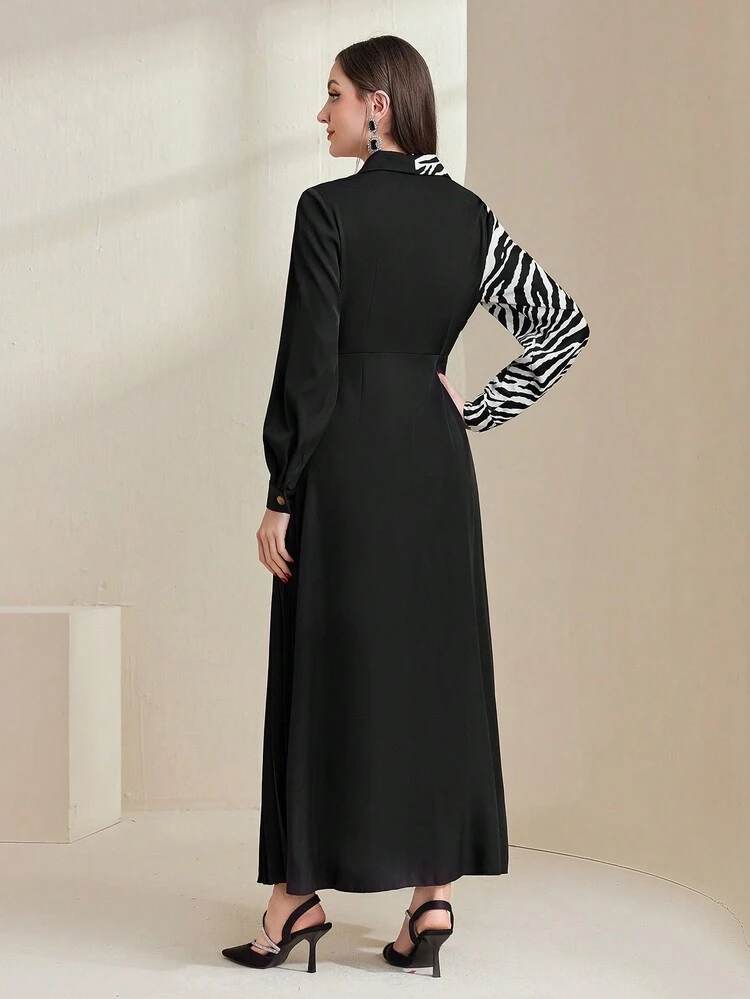Zebra Pattern Colorblock Pleated Long Dress