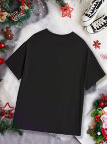 SHEIN Essnce 休闲简约圣诞圣诞老人图案修身圆领短袖 T 恤，大码女款，夏季 - 黑色 - 查看 2