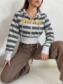 SHEIN EZwear Women's Striped Hoodie With Letter Print And Drawstring - Grey - View 3