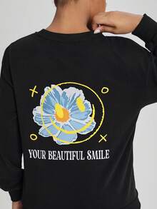 Noosie Regular Fit Round Neck Floral & Letter Pattern Women's Sweatshirt - Black - View 5
