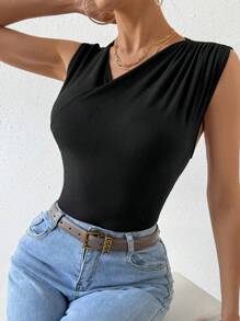 SHEIN Privé 素色交疊領背心上衣 - 黑色 - 查看 6