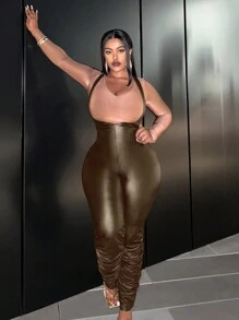 Slaydiva 女士大尺碼拉鍊後褶皺細節修身連身褲 - 棕色 - 查看 4