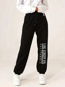 SHEIN EZwear Women's Letter Print Drawstring Jogger Pants With Elastic Cuffs - Black - View 1