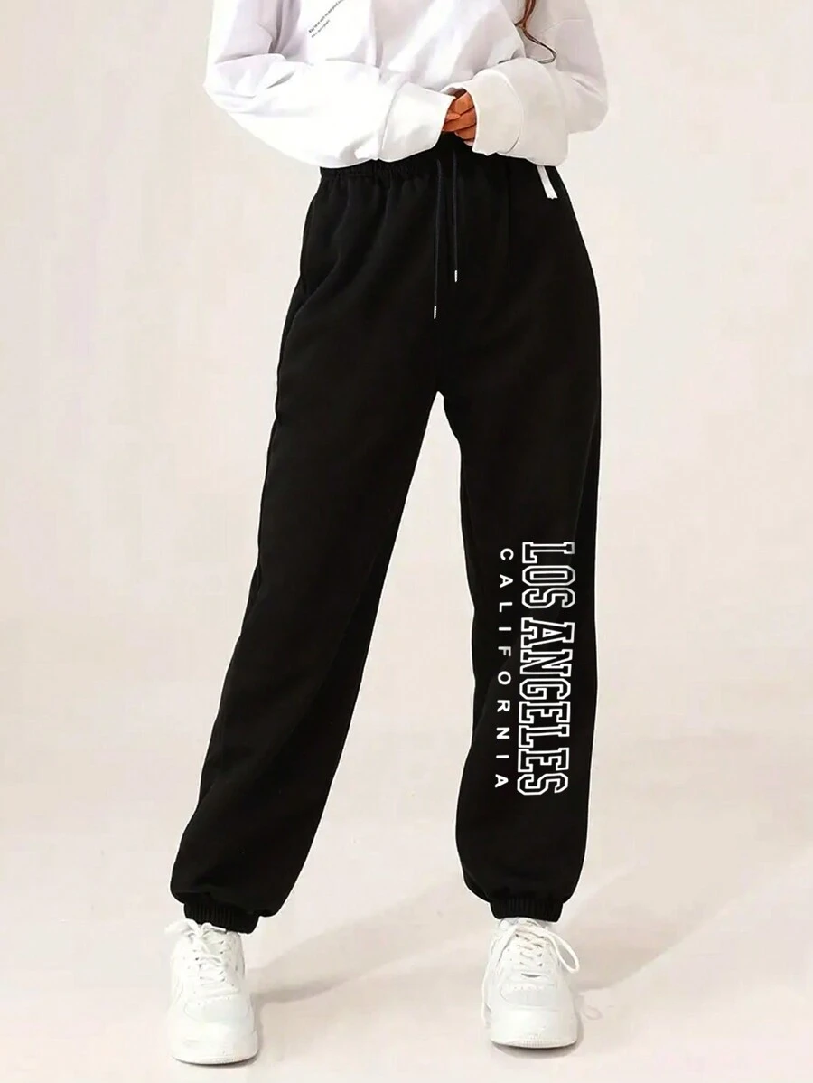 SHEIN EZwear Women's Letter Print Drawstring Jogger Pants With Elastic Cuffs - Black - View 1