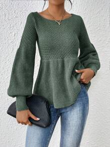 SHEIN Frenchy Solid Color Lantern Sleeve Sweater - Green - View 5