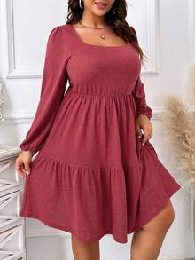 SHEIN LUNE Hơn Cổ vuông Tay áo lồng đèn Xù Hoa Sen Đầm - Đỏ - Xem 5