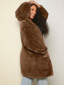 SHEIN CURVE+ Chaquetón Con Capucha De Talla Grande Con Peluche Y Bolsillos Dobles - Óxido marrón - Ver 2