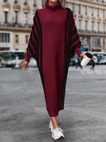 SHEIN LUNE Turtleneck Striped Batwing Sleeve Sweater Dress Fall Cloth For Women - Burgundy - View 5