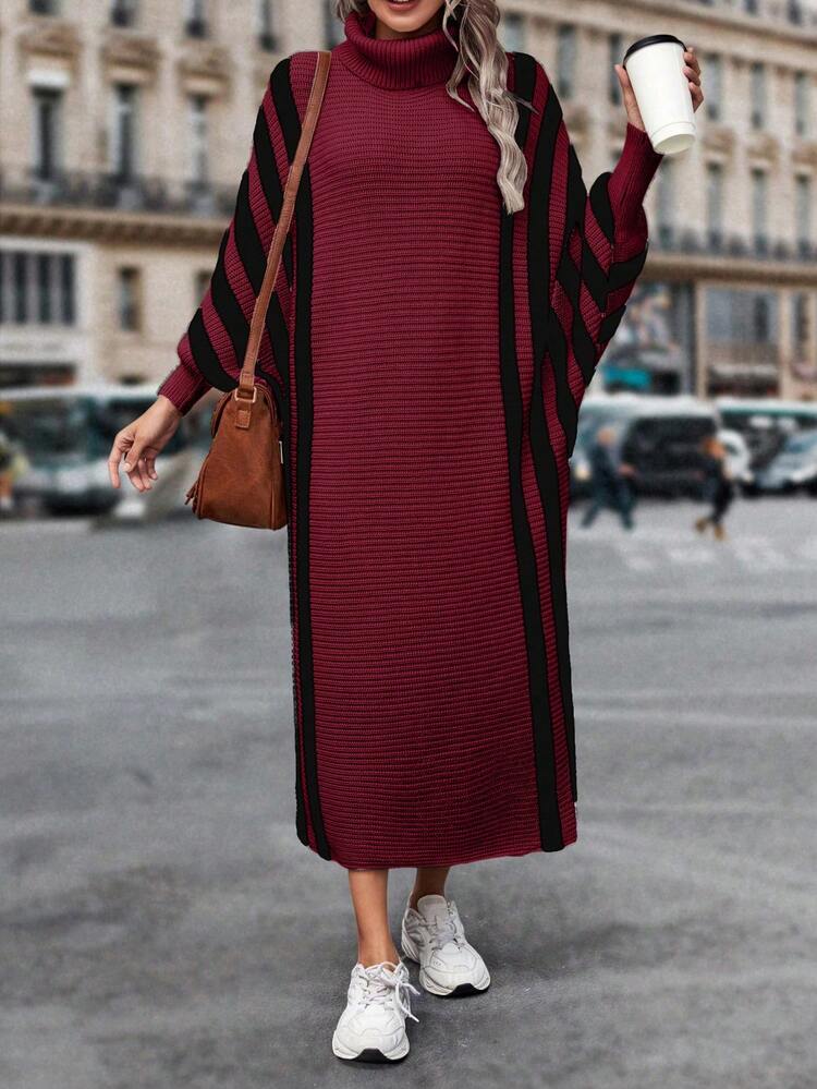 Turtleneck Striped Batwing Sleeve Sweater Dress Fall Cloth For Women
