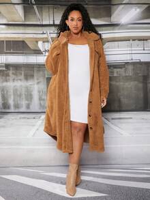 SHEIN CURVE+ Women's Camel-colored Plus Size Front Button Coat - Camel - View 3