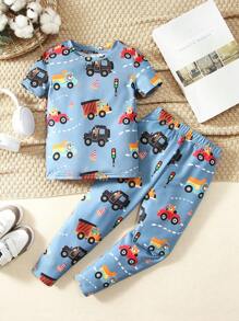 SHEIN Young Boy Comfortable Cute Cartoon Printed Short Sleeve Top And Long Pants Snug Fit Homewear Set - Multicolor - View 1