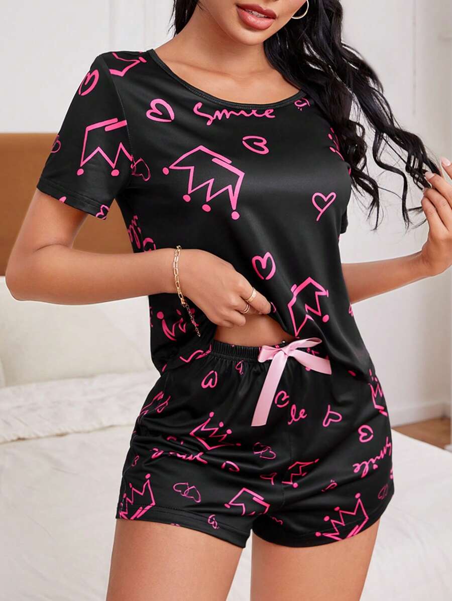 Women's Crown Pattern Short Sleeve And Shorts Pajama Set - Black - View 1