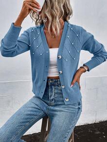 SHEIN Frenchy màu trơn Áo len Mở Với Hạt - Màu xanh bụi bặm - Xem 5