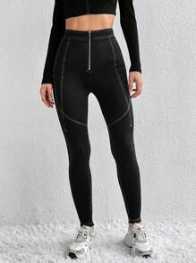 SHEIN Essnce سروال نسائي طويل مضغوط ومزين بسحاب ودرز علوي ضيق - الأسود - مشاهدة 2