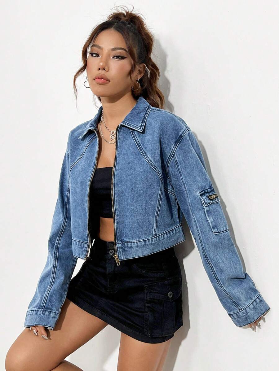 SHEIN EZwear 拉鍊休閒丹寧上衣,有翻領設計 - 藍色 - 查看 1