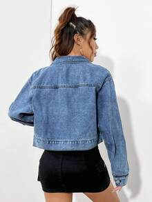 SHEIN EZwear 拉鍊休閒丹寧上衣,有翻領設計 - 藍色 - 查看 2