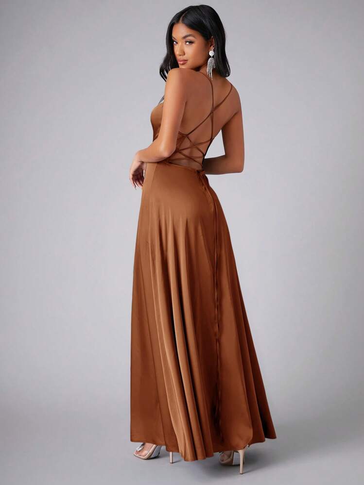 SHEIN Belle Vestido de dama de honor de satén con cuello drapeado, envolvente, abertura alta, elegante y formal para eventos como graduación, cena, fiesta - Marrón - Añade 2