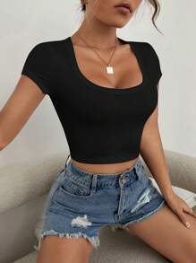 SHEIN EZwear 圓領純色簡約全配短袖t恤 - 黑色 - 查看 6