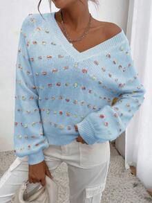 SHEIN Essnce 女士燈籠袖v領套頭毛衣 - 藍色 - 查看 6