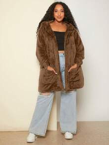 SHEIN CURVE+ Chaquetón Con Capucha De Talla Grande Con Peluche Y Bolsillos Dobles - Óxido marrón - Ver 4