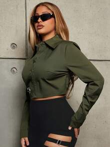 SHEIN SXY 字母印花長袖短上衣 - 軍綠色 - 查看 7