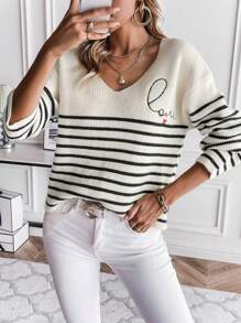 SHEIN Frenchy 條紋字母刺繡下擺放肩毛衣 - 黑色 - 查看 1