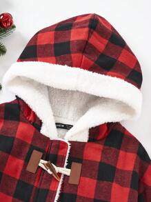 SHEIN EZwear In kẻ sọc Buffalo Thả vai Lót Teddy Duffle Áo trùm đầu - Đỏ - Xem 4