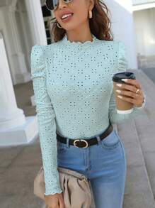 SHEIN Frenchy Của phụ nữ Thêu Hoa Đứng cổ áo Áo thun - Màu xanh nhạt - Xem 3