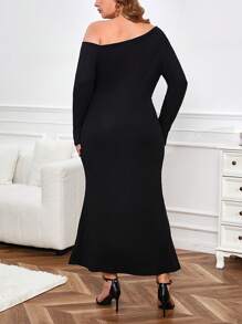 SHEIN Privé 浪漫加大碼人魚裙擺連身裙 - 黑色 - 查看 2