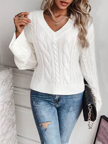 SHEIN Essnce Màu thuần Xoắn Dan Thả vai Áo len - trắng - Xem 6