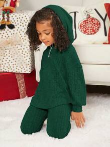 SHEIN Young Girl Solid Drop Shoulder Hoodie & Leggings - Dark Green - View 3