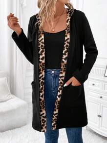 SHEIN LUNE Leopardendruck Mantel Für Damen Mit Offenem Vorderseite - Schwarz - Übersicht 3