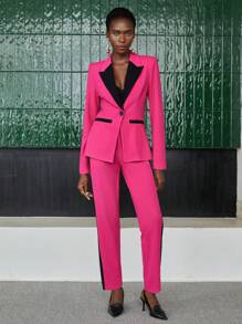 BizChic 女士拼色方領單鈕套裝 - 玫紅色 - 查看 10