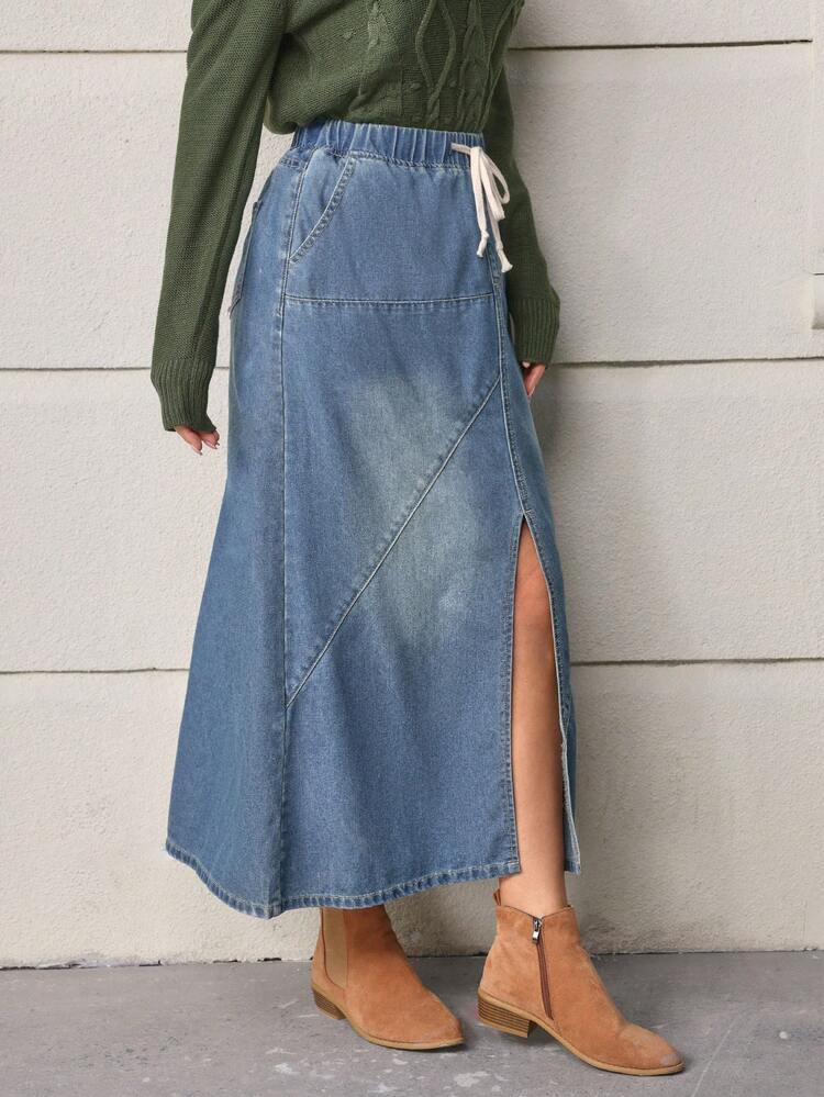 Women's Denim Skirt With Drawstring Waist And Side Slits