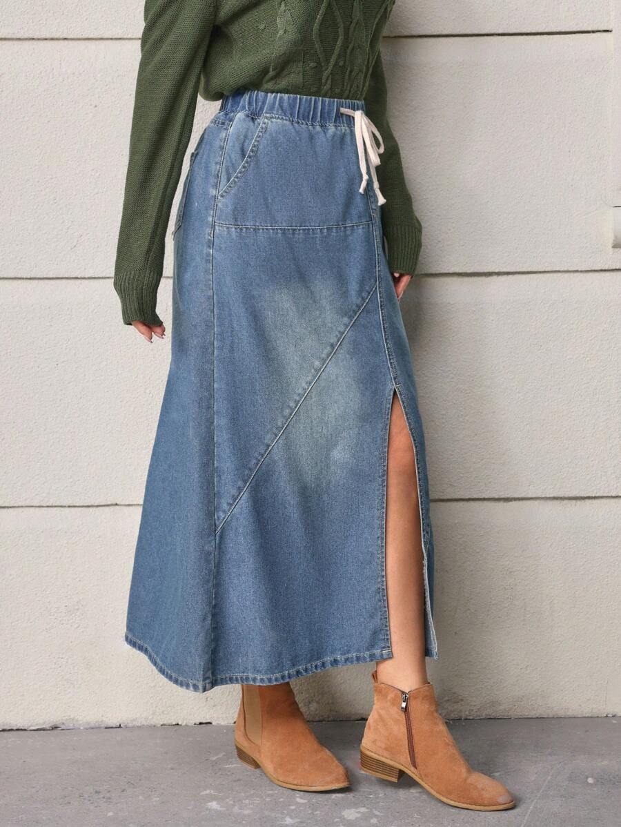 SHEIN LUNE Falda de mezclilla para mujer con cintura de cordón y aberturas laterales - Azul - Ver 1