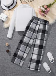 SHEIN Conjunto de dos piezas de niñas preadolescentes con camisa de unicolor y pantalones a cuadros - Multicolor - Ver 2