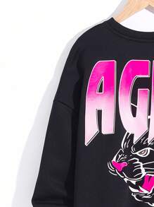 SHEIN 男孩時尚休閒寬鬆針織運動衫,印有字母圖案和圓領設計 - 黑色 - 查看 3