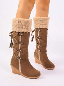 Women's Snow Boots Lace Up Back Tassel High Boots Sleeve Wedge Heel Snow Boots - Brown - View 5