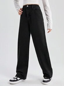 SHEIN Cô gái Phù hợp thường Eo đàn hồi Quần legging thẳng Không có Co giãn - màu đen - Xem 3