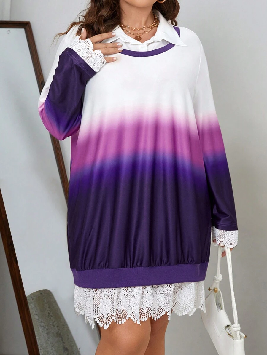 SHEIN LUNE Plus Size Gradient Lace Spliced 2 In 1 Sweatshirt Dress Pullover Fall Outfit - Multicolor - View 1