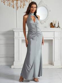 SHEIN Belle Deep V-Neck Halter, Ruffle, Slim Fit Mermaid Women's Cocktail Party Dress