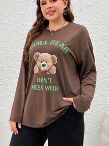 SHEIN EZwear 大碼熊和標語圖案落肩T恤 - 咖啡棕 - 查看 1