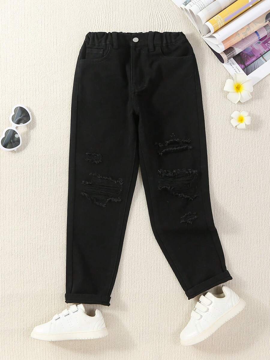 Tween Girls Solid Color Ripped Tapered Jeans - Black - View 1