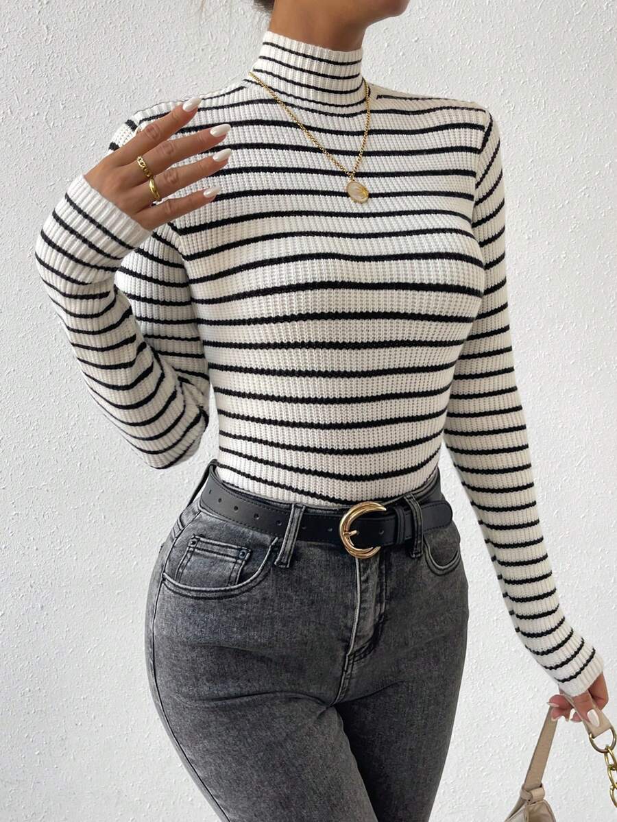 SHEIN Frenchy Của phụ nữ Sọc Đứng cổ áo Áo len - Nhiều màu - Xem 1