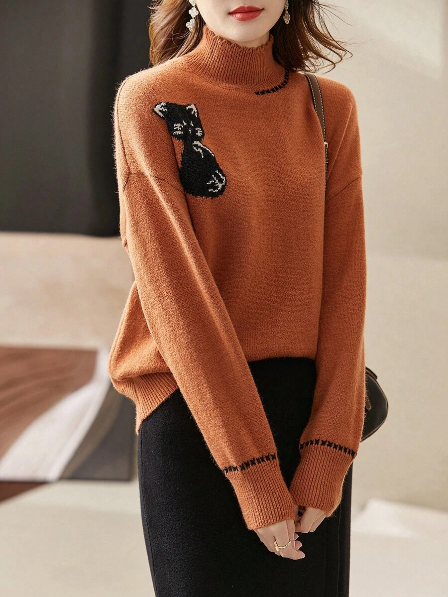 冬季復古半高領可愛小貓針織毛衣,下垂肩長袖,厚實柔軟女性針織上衣 - 橘色 - 查看 1
