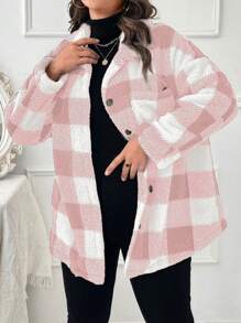 SHEIN LUNE Plus大小格紋下垂肩抱抱外套 - 粉色 - 查看 7